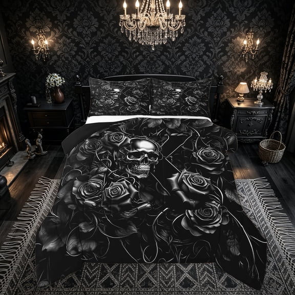 Feelyou Skull Rose K Letter Full Size Comforter Sets for Women Girls, Vintage Western Gothic Bedding Comforter Set, Black Reversible, 3 Pieces, 1 Comforter and 2 Pillowcases