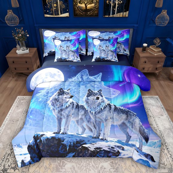 Feelyou Snow Wolf Animal Bedding Comforter Set 7 Pieces, Antarctic Aurora Full Bedding Set