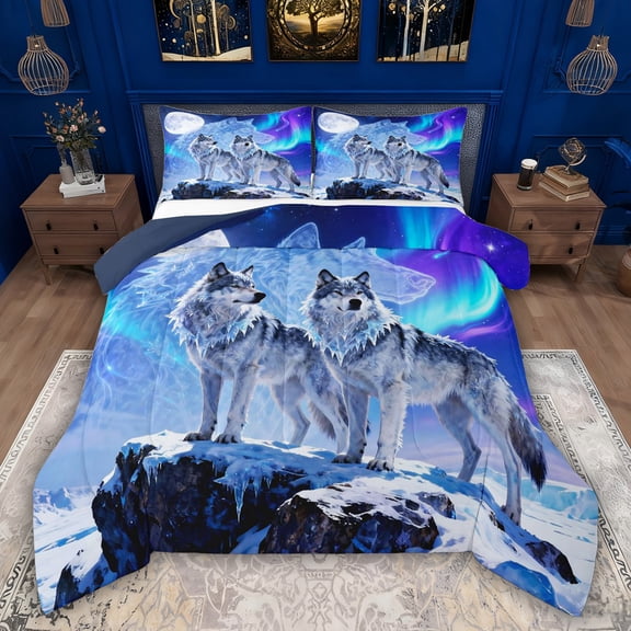 Feelyou Snow Wolf Animal Twin Comforter Sets, Antarctic Aurora Bedding Set, 2pcs