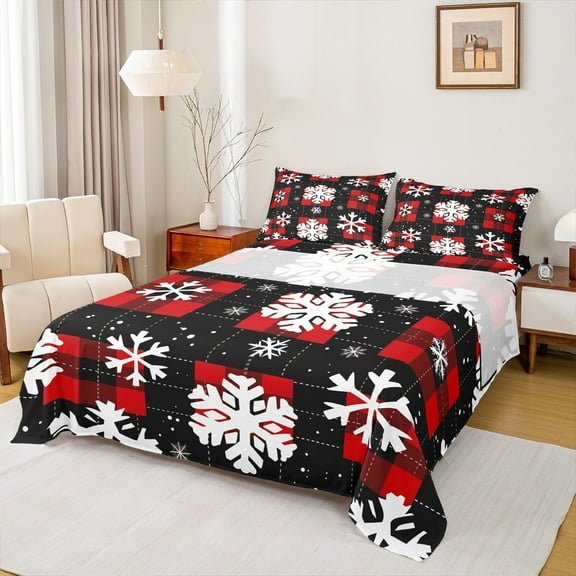 Feelyou Snowflake Bed Sheets for Teens, Black Red Plaid King Sheets, Merry Christmas Sheet Set, Breathable Home Decor,4-Piece