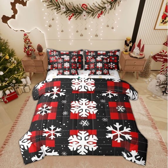Feelyou Snowflake Bedding Comforter Set 7pcs for Teens, Black Red Plaid King Bedding Sets, Merry Christmas Reversible Bed Sheets, Breathable Home Decor