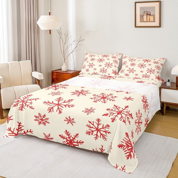 Feelyou Snowflake Print Bed Sheets, Happy Christmas King Sheets, Winter Festival Sheet Set, Ultra Soft Home Decor,4-Piece