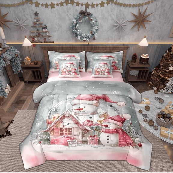 Feelyou Snowman Bedding Comforter Set 7pcs for Kids, Christmas Cartoon Cabin Queen Bedding Sets, Western Festival Reversible Queen Sheet Sets, Lightweight Room Decor