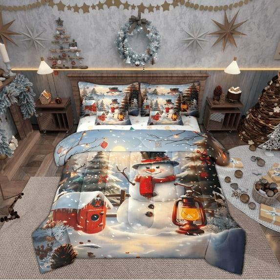 Feelyou Snowman Twin Bedding Sets 7-Piece for Teens, Winter Snowflake Bedding Comforter Set, Merry Christmas Reversible Sheet Sets, Breathable Home Decor