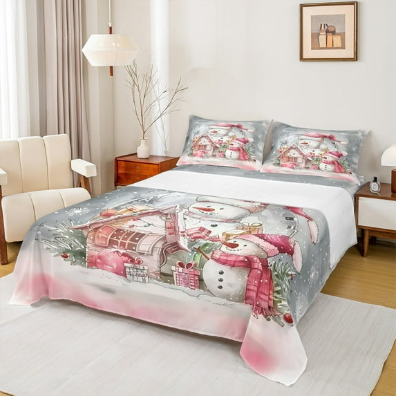 Feelyou Snowman Twin Sheet Sets for Kids, Christmas Cartoon Cabin Twin Fitted Sheet, Western Festival Flat Sheet, Lightweight Room Decor, 3pcs