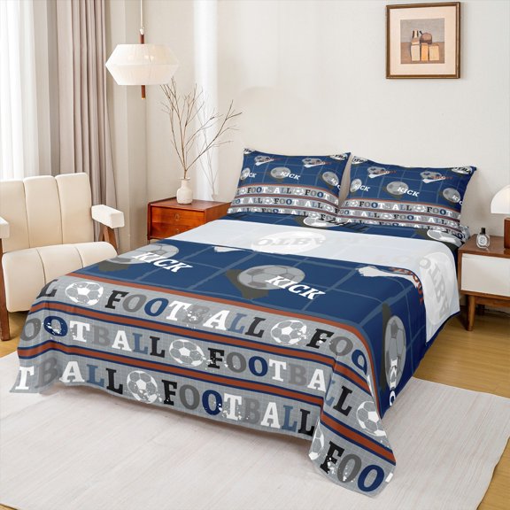 Feelyou Soccer Football Kids Full Size Sheets, Eat Sports Sleep Bed Sheets, Navy Square Buffalo Sheet Sets, Ultra Soft Bedroom Decor, 4-Piece