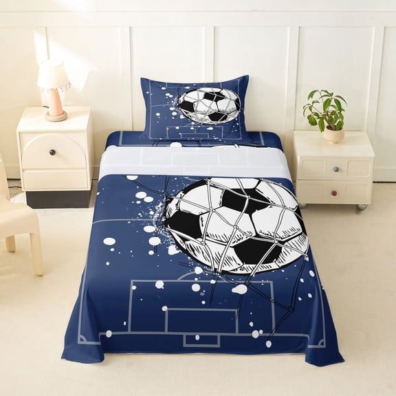 Feelyou Soccer Goal Art Twin Sheets for Boys, Navy Splash Watercolor Bedding, 3pcs, 1 Flat Sheet, 1 Fitted Sheet and 1 Pillowcase