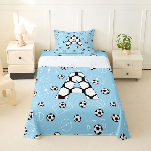 Feelyou Soccer Letter A Twin Sheet Sets for Boys, Cartoon Football Sports Bedding for Bedroom, Blue, 3-Piece