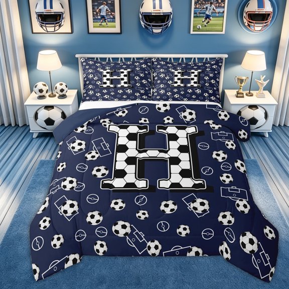 Feelyou Soccer Letter H Full Size Comforter Sets for Kids Boys, Ball Field Bedding Sets, Navy Blue, Blue Reversible, 3pcs