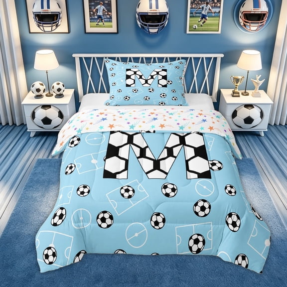 Feelyou Soccer Letter M Twin Comforter Sets for Boys, Ball Field Bedding Set, Blue, Colorful Stars Reversible, 2 Pieces