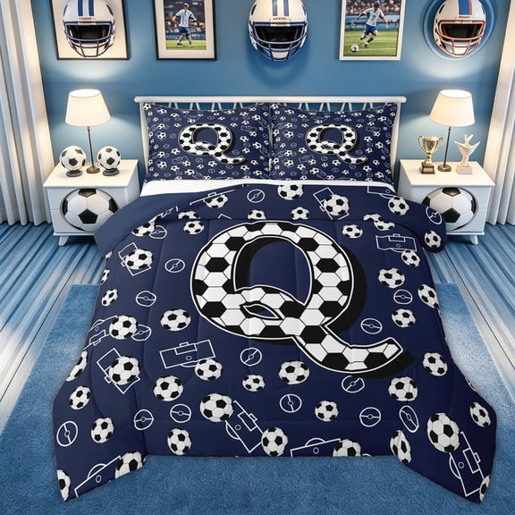 Feelyou Soccer Letter Q Queen Comforter Set for Boys, Sports Football Bedding Comforter Set, Navy Blue, Blue Reversible, 3pcs