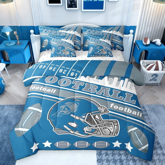 Feelyou Soccer Sport Lover Bedding Comforter Set 7 Pieces, Blue Rugby Print Full Bedding Set, Modern Football Game Reversible Fitted Sheet Flat Sheet, Super Cozy Room Decor