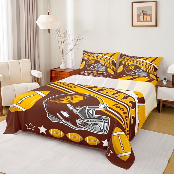 Feelyou Soccer Sport Lover Twin Sheet Sets, Red Brown Rugby Print Twin Fitted Sheet, Modern Football Game Flat Sheet, Lightweight Room Decor, 3pcs