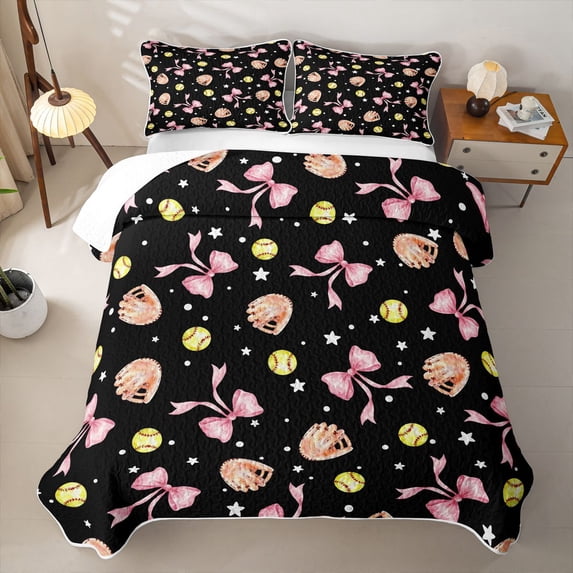 Feelyou Softball Bowknot Stars Twin Quilt Set for Girls, Black Pink Cartoon Style Twin Coverlet Set, 2pcs