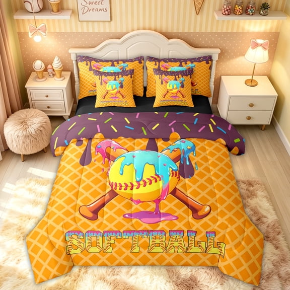 Feelyou Softball Ice Cream Twin Bedding for Girls, Candy Baseball Bat Drip Bedding Comforter Set, Black Reversible, 7pcs