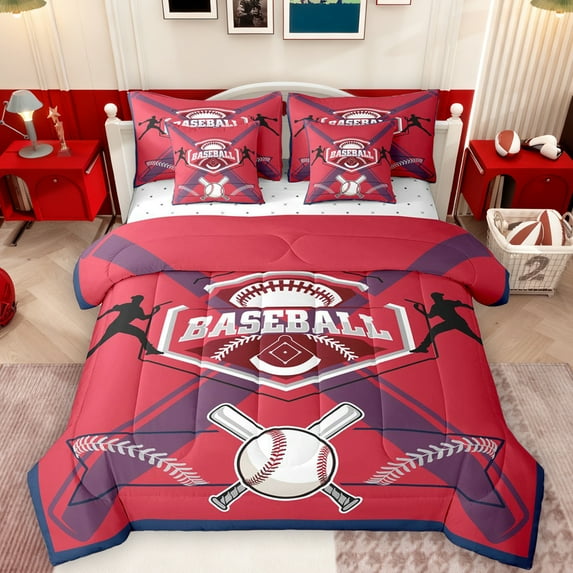 Feelyou Softball Sports Lover Bedding Comforter Set 7pcs, Eat Sleep Baseball King Bedding Sets, Teens Kids Boys Girls Reversible Bed Sheets, Red Navy Breathable Home Decor