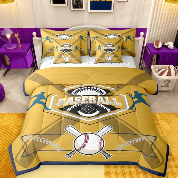 Feelyou Softball Sports Lover Twin Bedding Sets 7-Piece, Eat Sleep Baseball Bedding Comforter Set, Teens Kids Boys Girls Reversible Sheet Sets, Gold Lightweight Room Decor
