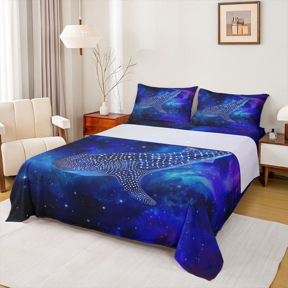 Feelyou Space Shark Bed Sheets for Kids Boys Girls, Dreamy Galaxy Star Animal King Sheets, Navy, 4 Pieces