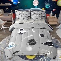 Feelyou Spaceship Boys Twin Bedding Sets 7pcs, Grey Cartoon Planet Bedding Comforter Set
