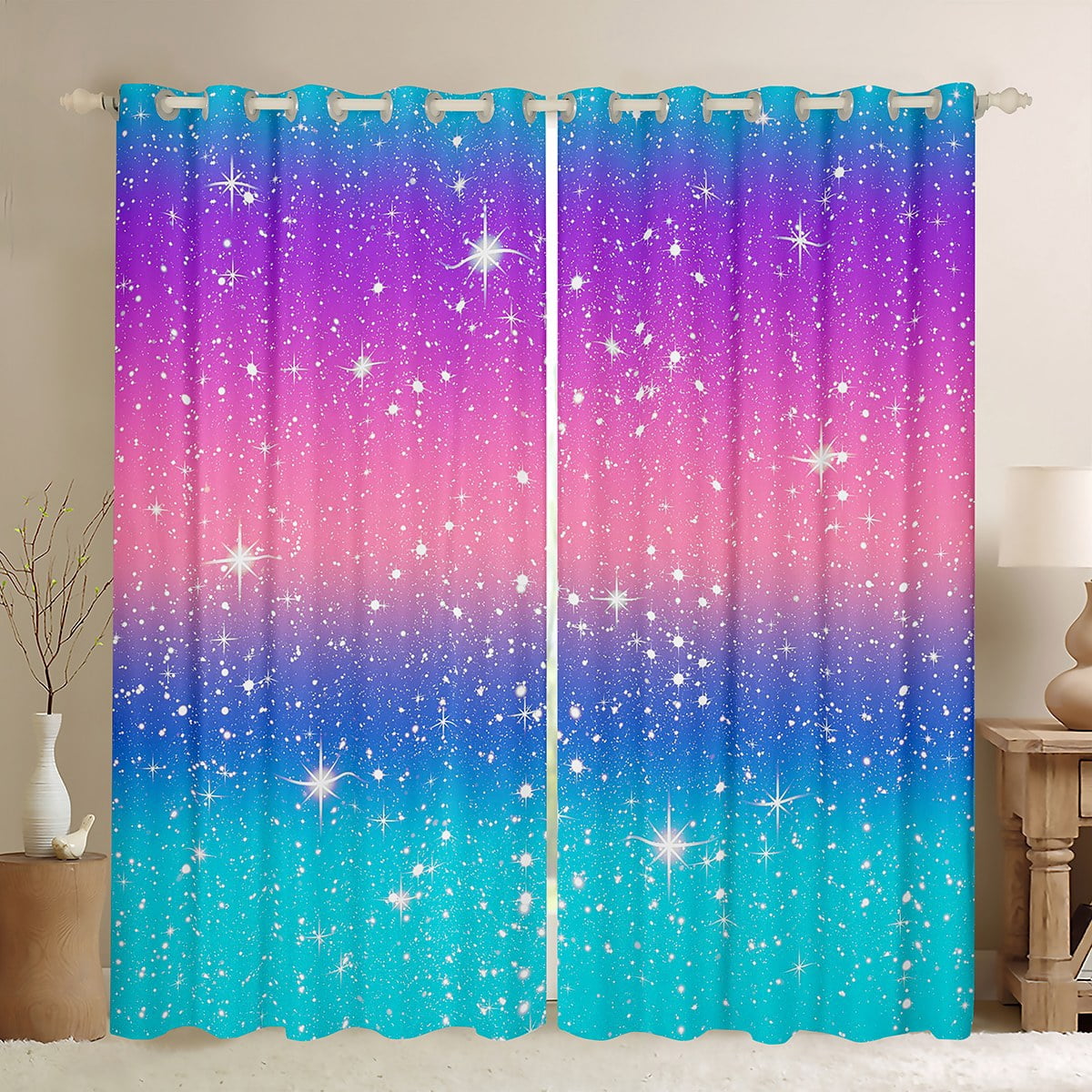 Feelyou Sparkle Stars Black Out Curtains for Girls, Gradient Blue Pink ...