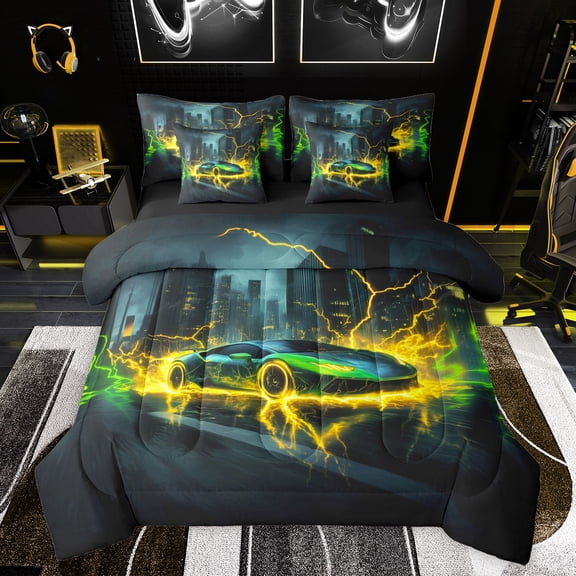Feelyou Speed Sports Car Bedding Comforter Set 7pcs for Kid, Fashion Green Automobile King Bedding Sets, Neon Yellow Lightning Reversible Bed Sheets, Super Cozy Room Decor