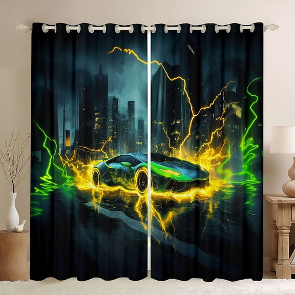 Feelyou Speed Sports Car Curtains Pack of 2 (42x84 Each) for Kid, Fashion Green Automobile Curtains Blackout, Neon Yellow Lightning Bedroom Curtains, Blackout Curtains Room Decor