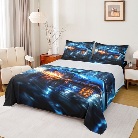 Feelyou Speed Sports Lover Bed Sheets for Kid, Fashion Automobile King Sheets, Neon Blue Lightning Sheet Set, Luxury Bedroom Decor, 4 Pieces