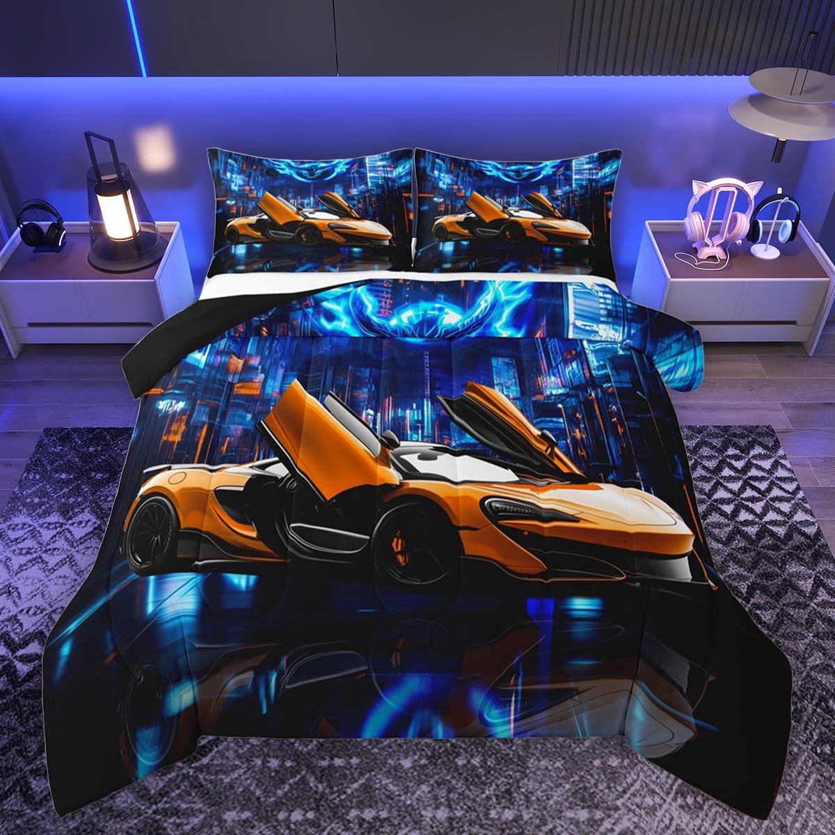 Feelyou Speed Sports Lover Bedding Comforter Set for Child, Fashion Automobile Twin Comforter Sets, Neon Stripes Lines Reversible Bedding Set, Lightweight Room Decor, 2-Piece