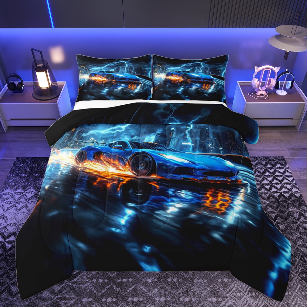 Feelyou Speed Sports Lover Bedding Comforter Set for Kid, Fashion Automobile Twin Comforter Sets, Neon Blue Lightning Reversible Bedding Set, Luxury Bedroom Decor, 2 Pieces