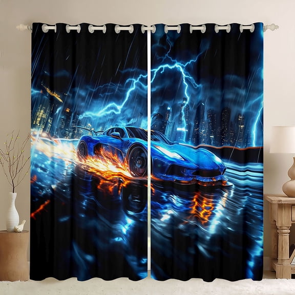 Feelyou Speed Sports Lover Black Out Curtains for Kid, Fashion Automobile Curtains Pack of 2 (42x63 Each), Neon Blue Lightning Bedroom Curtains, Living Room Curtains Decor