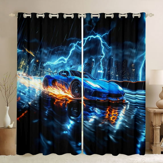 Feelyou Speed Sports Lover Curtains Pack of 2 (42x84 Each) for Kid, Fashion Automobile Curtains Blackout, Neon Blue Lightning Bedroom Curtains, Living Room Curtains Decor