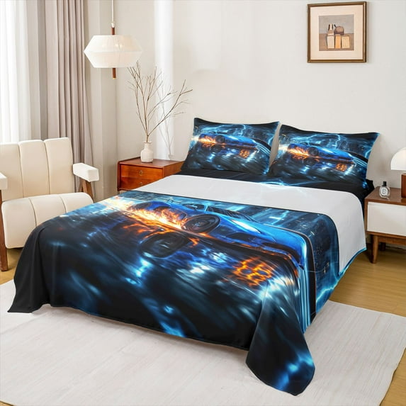 Feelyou Speed Sports Lover Queen Sheet Sets for Kid, Fashion Automobile Flat Sheet, Neon Blue Lightning Queen Fitted Sheet, Luxury Bedroom Decor, 4 Pieces