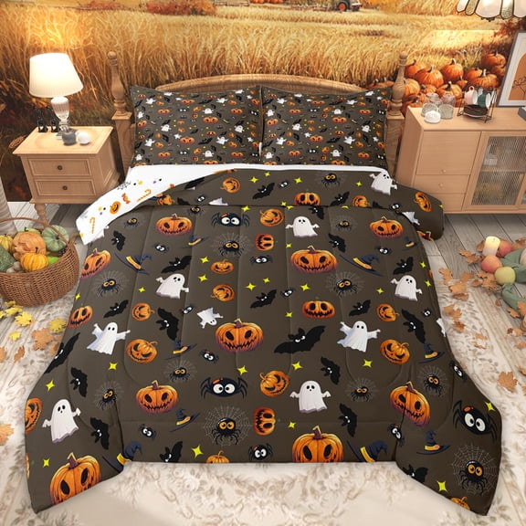 Feelyou Spider Bat Queen Comforter Set, Halloween Ghost Animal Bedding Comforter Set, 3pcs