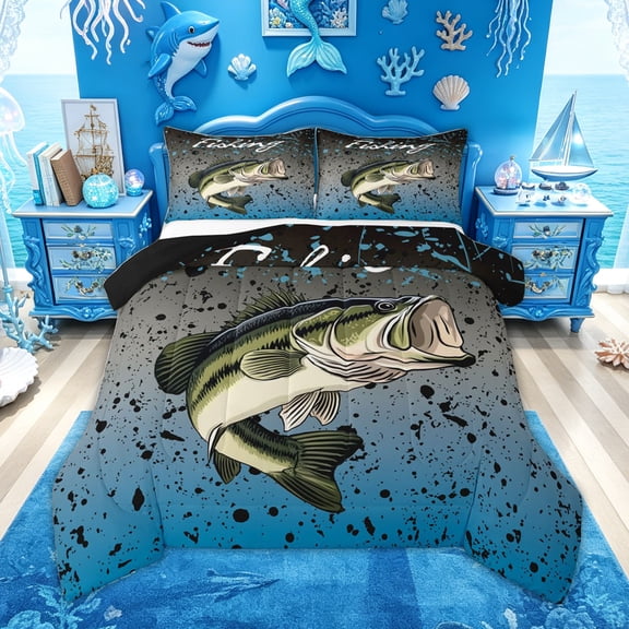 Feelyou Splash Largemouth Bass Fish Queen Comforter Set for Men, Rustic Farmhouse Bedding Comforter Set, Black Blue, Black Reversible, 3-Piece