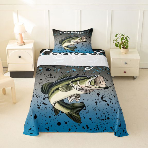 Feelyou Splash Largemouth Bass Fish Twin Sheet Sets for Men, Rustic Farmhouse Bedding, Black Blue, 3-Piece