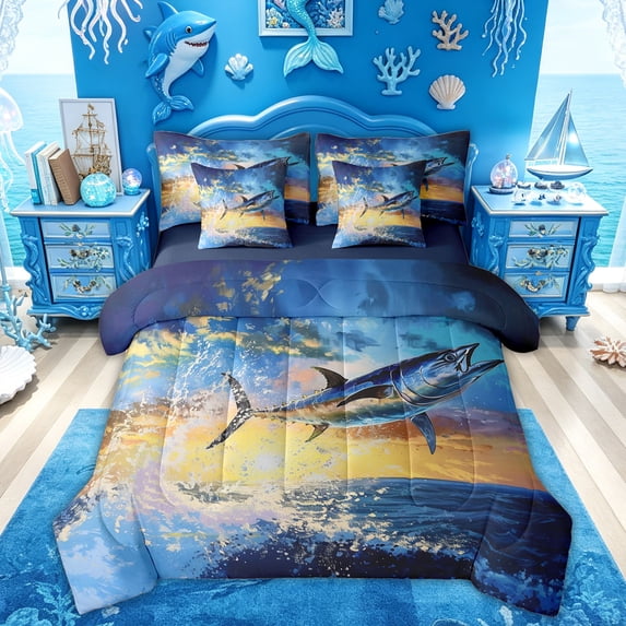 Feelyou Splash Pike Fish Wildlife Bedding Comforter Set for Men Adults, Rustic Farmhouse Landscape Full Bedding Set, Blue Gold, Blue Reversible, 7-Piece