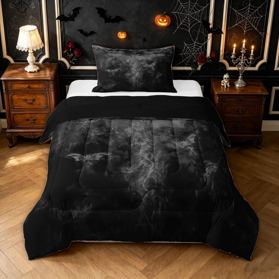 Feelyou Spooky Bat Ghost Twin Comforter Sets, Gothic Halloween Animal Bedding Set, Gray, Black Reversible, 2 Pieces, 1 Comforter and 2 Pillowcases
