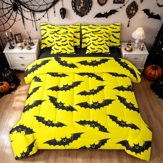 Feelyou Spooky Bat Twin Bedding, Cartoon Halloween Bedding Comforter Set, Yellow Black, Black Reversible, 7 Pieces