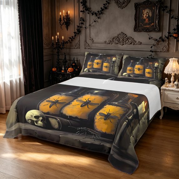 Feelyou Spooky Bottle King Sheets, Halloween Gothic Skeleton Bedding, 4-Piece, 1 Flat Sheet, 1 Fitted Sheet and 2 Pillowcases