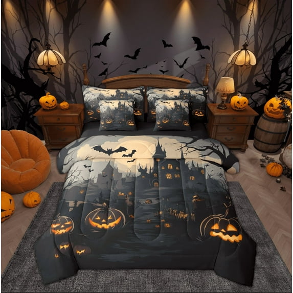 Feelyou Spooky Castle Bedding Comforter Set 7pcs for Teen, Gothic Pumpkin Bat Print King Bedding Sets, Halloween Theme Reversible Bed Sheets, Lightweight Room Decor, 3pcs