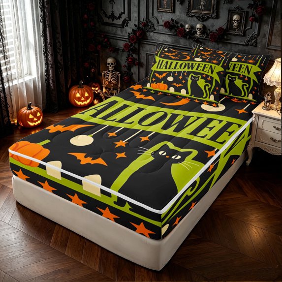 Feelyou Spooky Cat Pumpkin Zipper Twin Comforter Sets with Fitted Sheet and 2 Pillowcases, Cartoon Bat Spider Zipper Bedding Set, Black Green, Halloween Reversible, 4pcs
