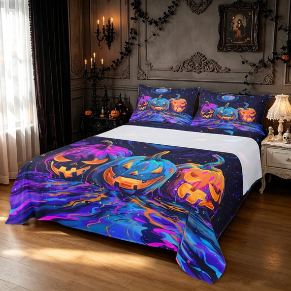 Feelyou Spooky Galaxy Pumpkin Queen Sheets, Boho Starry Sky Queen Sheet Sets, Purple Blue, 4 Pieces, 1 Flat Sheet, 1 Fitted Sheet and 2 Pillowcases