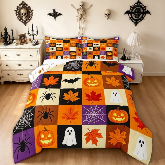 Feelyou Spooky Ghost Pumpkin Queen Comforter Set, Cute Orange Maple Leaf Comforter Sets Queen, Halloween Reversible, 3-Piece, 1 Comforter and 2 Pillowcases