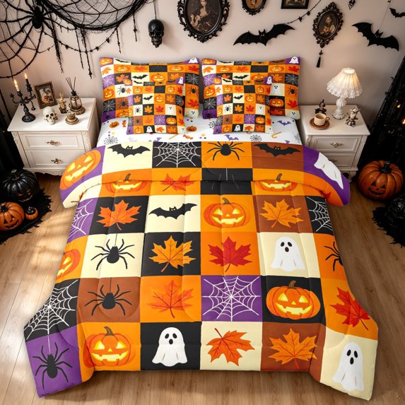 Feelyou Spooky Ghost Pumpkin Twin Bedding, Cute Orange Maple Leaf Bedding Comforter Set, Halloween Reversible, 7-Piece