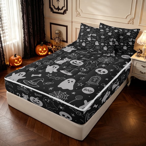 Feelyou Spooky Ghost Pumpkin Zipper Queen Comforter Set with Fitted Sheet and 2 Pillowcases, Halloween Black Cat Skull Zipper Bedding Set, Black Gray, Halloween Reversible, 4-Piece