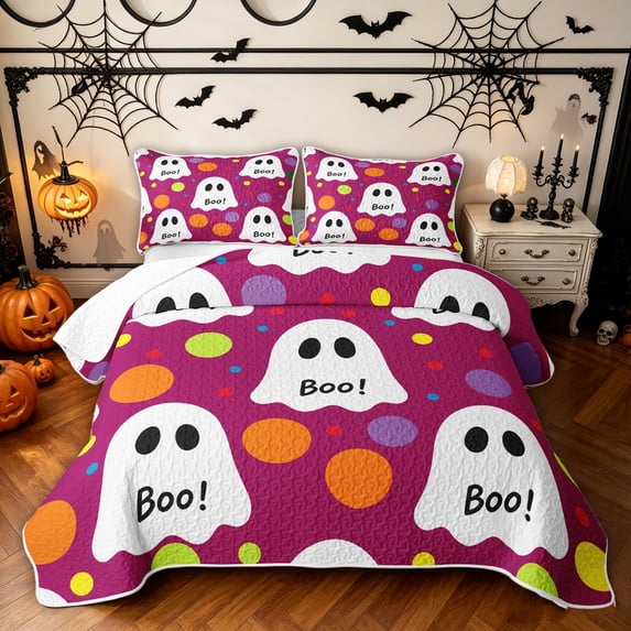 Feelyou Spooky Ghost Skull Twin Quilt Set, Cute Polka Dot Twin Coverlet Set, Magenta, 2 Pieces, 1 Comforter and 1 Pillowcase