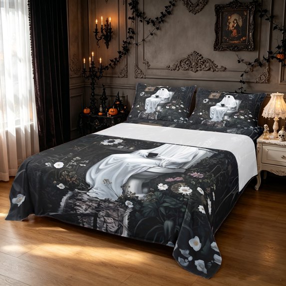 Feelyou Spooky Ghost Toilet King Sheets, Boho Forest Wildflower Bedding, Black Cream, 4 Pieces, 1 Flat Sheet, 1 Fitted Sheet and 2 Pillowcases