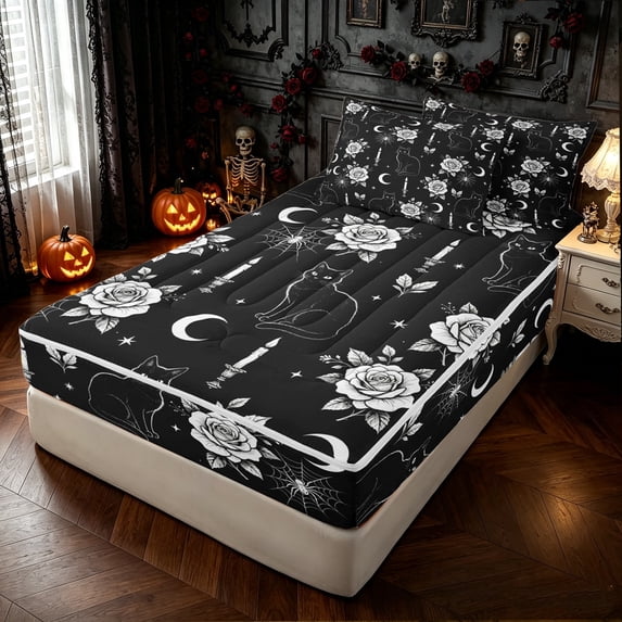 Feelyou Spooky Halloween Cat Zipper Full Size Comforter Sets with Fitted Sheet and 2 Pillowcases, Boho Rose Flower Zipper Bedding Set,, Black Reversible, 4pcs