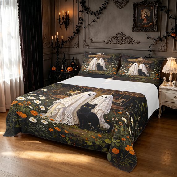 Feelyou Spooky Halloween Ghost Bed Sheets, Boho Wildflower Carousel Full Size Sheets, Dark Brown, 4-Piece, 1 Flat Sheet, 1 Fitted Sheet and 2 Pillowcases
