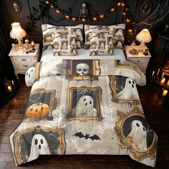 Feelyou Spooky Halloween Ghost Twin Bedding, Kawaii Gothic Bat Skull Bedding Comforter Set, Gray Reversible, 7-Piece